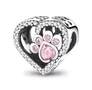 S925 Sterling Silver Charm For Bracelets Paw Print Heart - Picture 1 of 1