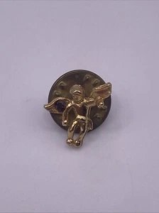 Vintage Lapel Hat Pin Small Brooch Gold Tone Angel with Wings and Gemstone - Picture 1 of 3