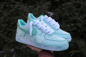 Green Dye Air Force 1s – Custom Mint Heart AF1s for Men & Women Rope Laces - Picture 1 of 5