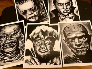 Retro Horror Monster Kunst 5 Drucke, 8x10 cm, Horrorfilm Monster - Bild 1 von 5