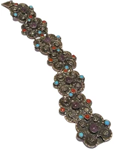 VINTAGE STERLING SILVER REPOUSSÉ CORAL AMETHYST ARTISAN PANEL LINK BRACELET - Picture 1 of 22