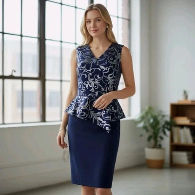 Vestido Lápiz En Focus Studio Azul Marino Sin Mangas Peplum Talla 14 Nuevo con Etiquetas Foto 1 de 4