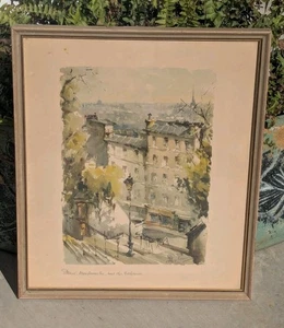 Vintage Lucien Delarue Style Watercolor Print Paris Montmartre Rue du... - Picture 1 of 6
