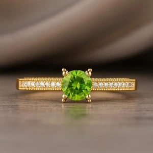 Natural Peridot & Diamond Solitaire Ring 14K Solid Gold August Birthstone # 1070 - Picture 1 of 19