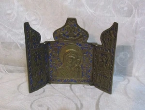 Vintage / Antik Russisch Orthodox Bronze Messing Triptychon Ikone. Mutter Gottes - Bild 1 von 9