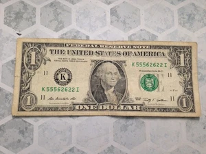 Trinary One Dollar Bill Fancy Serial Grouped K55562622I - Picture 1 of 2