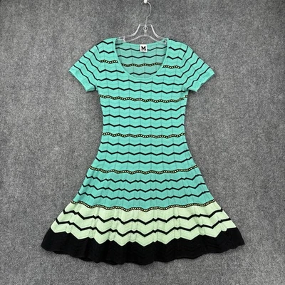 M Missoni Green Chevron Patterned Perforated Knit Short Sleeve Dress 6 (42) - Image 1 of 4