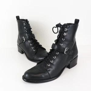 Via Spiga Cyra Botines de Combate con Cordones Hebilla Cuero Negro 9 Tacón Moto - Imagen 1 de 10