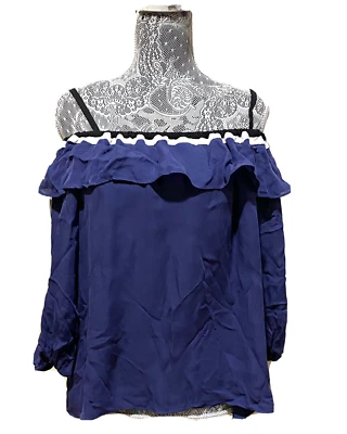 Parker Womens Off Shoulder Ruffled Silk Peasant Blouse XS Blue Shirt Adj. Straps - Image 1 of 4