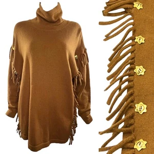 ESCADA Vintage 80s Oversized Brown Wool Cowgirl Tassel Star Button Sweater 38 S - Picture 1 of 12
