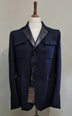 Gucci Leather Trim Wool Fitted Blazer Jacket Dark Navy uk 42 eu 52 RRP £2200 - Image 1 of 4