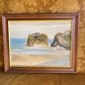 Quadro ad olio originale Newquay scogliera della Cornovaglia paesaggio vintage antico D Birge - Foto 1 di 13