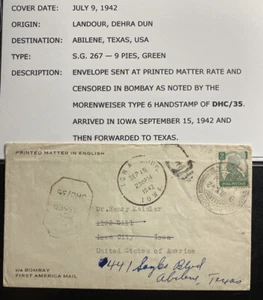 1942 Landour India Censored Cover To Abilene TX USA Via Bombay First America Mai - Picture 1 of 3