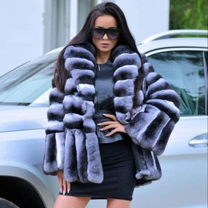 Winter Women Overcoat Real Rex Rabbit Fur Coat Chinchilla Luxury Fur Warm Jacket - Picture 1 of 6