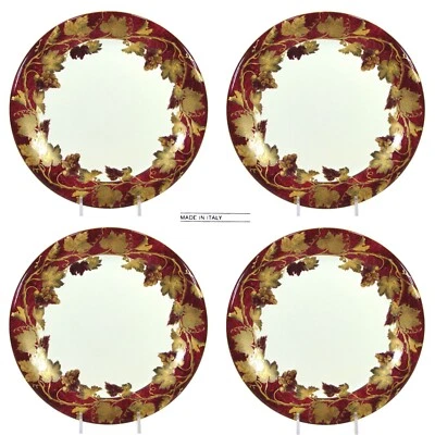 Crate & Barrel VOLANTE 8.75" Salad Plate Set 4P Gold Leaves Vines Burgundy Italy - Image 1 of 4