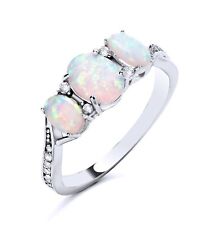 925 Sterling Silver Opal & CZ Trilogy 3 Stone Ladies Ring size J to S