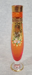 Vintage Knospenvase handbemalt Goldrand rot mundgeblasen Glas 9" applizierte Blumen - Bild 1 von 9