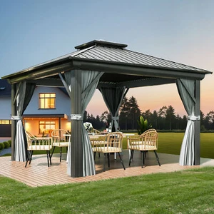 12x12ft Heavy Duty 2-Tier Hardtop Gazebo Galvanized Steel with Nettings Curtains - Picture 1 of 5