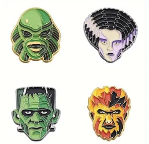 4er Set Horrorfilm Halloween Emaille Pin Set Wolfsmann Braut von Frankenstein Posten - Bild 1 von 2