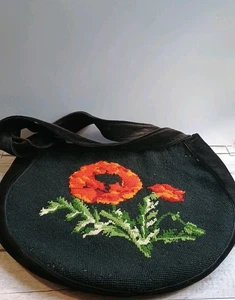 Vintage Floral Embroidery Hand Bag Straps Purse Orange Poppy Floral - Picture 1 of 6