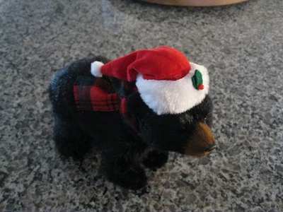 BYERS CHOICE, BEAR, FAUX FUR, BLACK, RED SANTA HAT, 2025, DISPLAY ACCESORY, 7" - Image 1 of 4