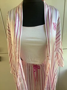Victoria's Secret Bahama Pink Stripe Satin 3 Piece Pyjama Set NWT £75 M/L - Picture 1 of 7