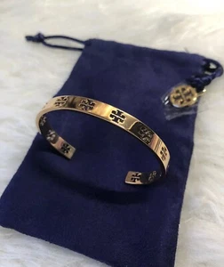 New Authentic Tory Burch Pierced Logo T Cuff Open Bangle Bracelet In Rose Gold - Picture 1 of 6