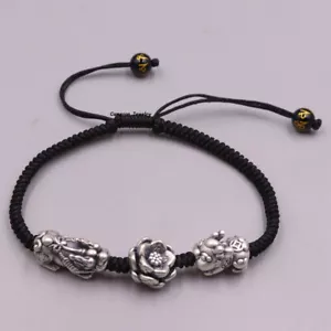Pure S999 Fine Silver 999 Men Women Wealth Pixiu Lotus Bracelet 6.5in Adjust - Picture 1 of 7