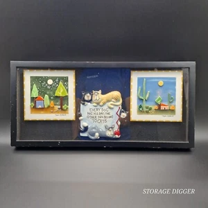 VTG Shadow Box w/ 3 Ceramic Art Tiles Magda Csihas Dogs & Cats Native American - Picture 1 of 9