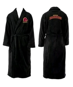Brisbane Broncos NRL Adults Black Fleece Dressing Gown Bath Robe One Size - Picture 1 of 1