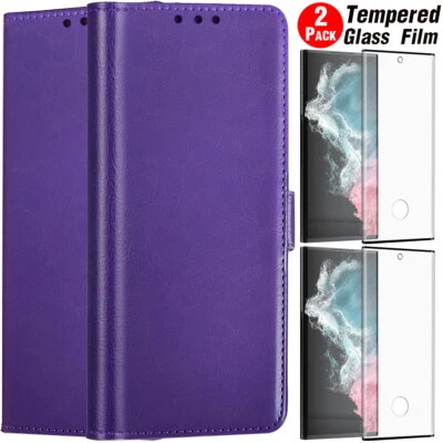 Purple For Samsung Galaxy S22 Ultra 5G Leather Case Wallet Cover Tempered Glass - Image 1 of 4