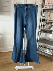 High Waist Denim Jeans Womens M Blue Stretch Flare Bell Bottoms Hippie NWT - Picture 1 of 6