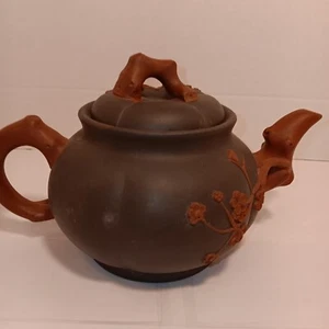 Handmade Chineese Blossom Brown Clay Teapot With Strainer Signed - Picture 1 of 8
