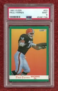 1991 FLEER #33 PAUL FARREN PSA 9 MINT POP 1 NONE HIGHER CLEVELAND BROWNS - Picture 1 of 1
