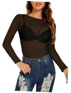 Women's Mesh Tops See Through Shirts Long Sleeve Bodycon Sheer Large A Black - Picture 1 of 7