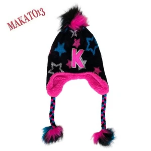 Justice Girl’s Letter K One Size Pom Pom Hat Sherpa Lined Stars Black Blue Pink - Picture 1 of 5