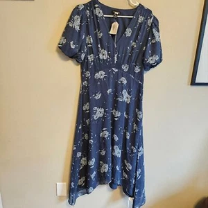 Vestido midi Club Monaco floral manga abullonada seda cuello en V azul talla 10 - Imagen 1 de 8