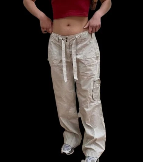 Crema Beige Urbano Vintage Cargos Corbata Pantalones Combate Ancho tiro bajo Pantalón 10 12 Foto 1 de 4