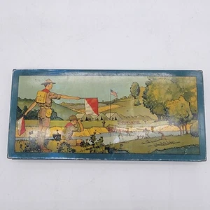 Vintage Boy Scout Wallace Pencil Co. USA Tin Pencil Box Scout Signaling Yellow - Picture 1 of 9