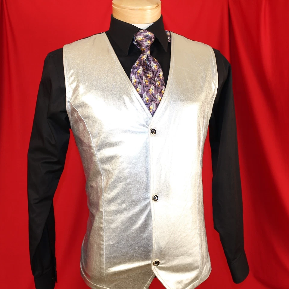 ZHELIN Silver Metallic Solid Nylon Men Formal Waistcoat Vest Size M - Image 1 of 4