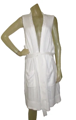 Isaac Mizrahi 2X Sweater Vest Long White Open Front Tie Belt Openwork Knit EUC - Image 1 of 4