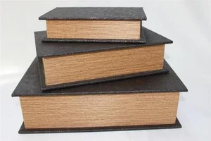 FLORAL LEATHER FAUX BOOKS STORAGE DECORATIVE BOXES - DARK BROWN - 3PC SET - Picture 1 of 1