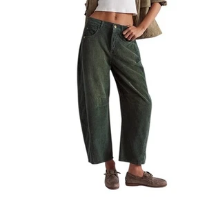 Free People WE THE FREE GOOD LUCK BARREL Jeans Women SIZE 27 Green Corduroy New - Picture 1 of 12