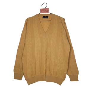 Vintage Pierre Sangan Jumper Medium Preppy Mustard Yellow Cable Knit V Neck 80s - Picture 1 of 10