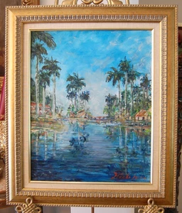 FRAMED ORIGINAL OIL PALMS, LAKE & BOHIOS CUBAN COUNTRY SCENE ARTIST: HECTO VIDAL - Picture 1 of 24