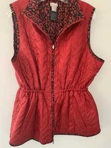 Chicos Women2 Us 12 Lrg Reversible Quilted Vest Zip Rd BLK Animal Print SEE DESC - Picture 1 of 11