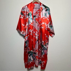 Vintage S.P Collection handbemalt 100 % Seide Damen Morgenmantel Kimono rot Kranich Blumen - Bild 1 von 10