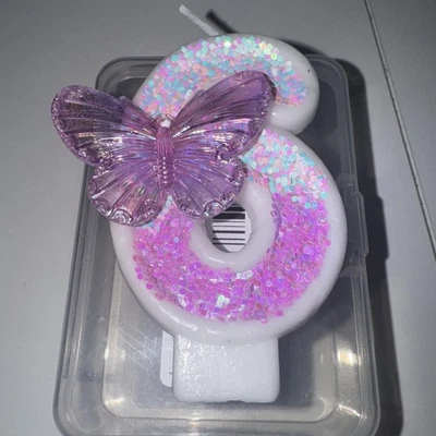 Vela de cumpleaños número 6, brillo rosa/púrpura y mariposa púrpura Foto 1 de 3
