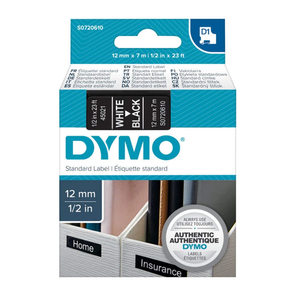 NNEDSZ DYMO White on Black 12mmx7m Tape - Image 1 of 1