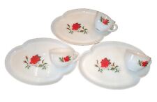 Luncheon Plates & Cups White Federal Milk Glass with Red Rose Pattern - Set of 3